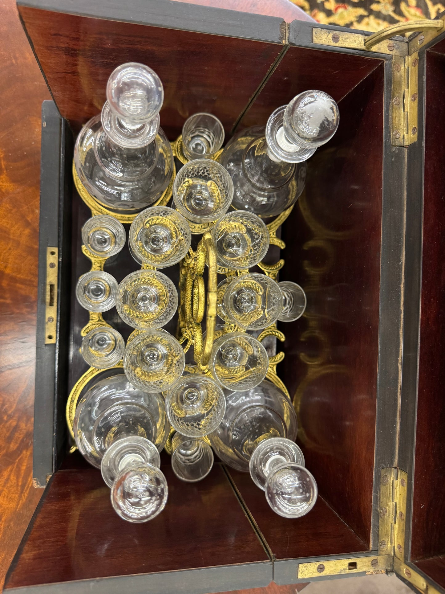 Antique Victorian Burl Walnut Tantalus Decanter Box with Cut Crystal Decanters & Glasses