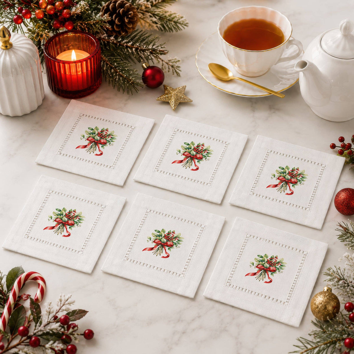 Holiday Hostess Mistletoe Hemstitch Napkins