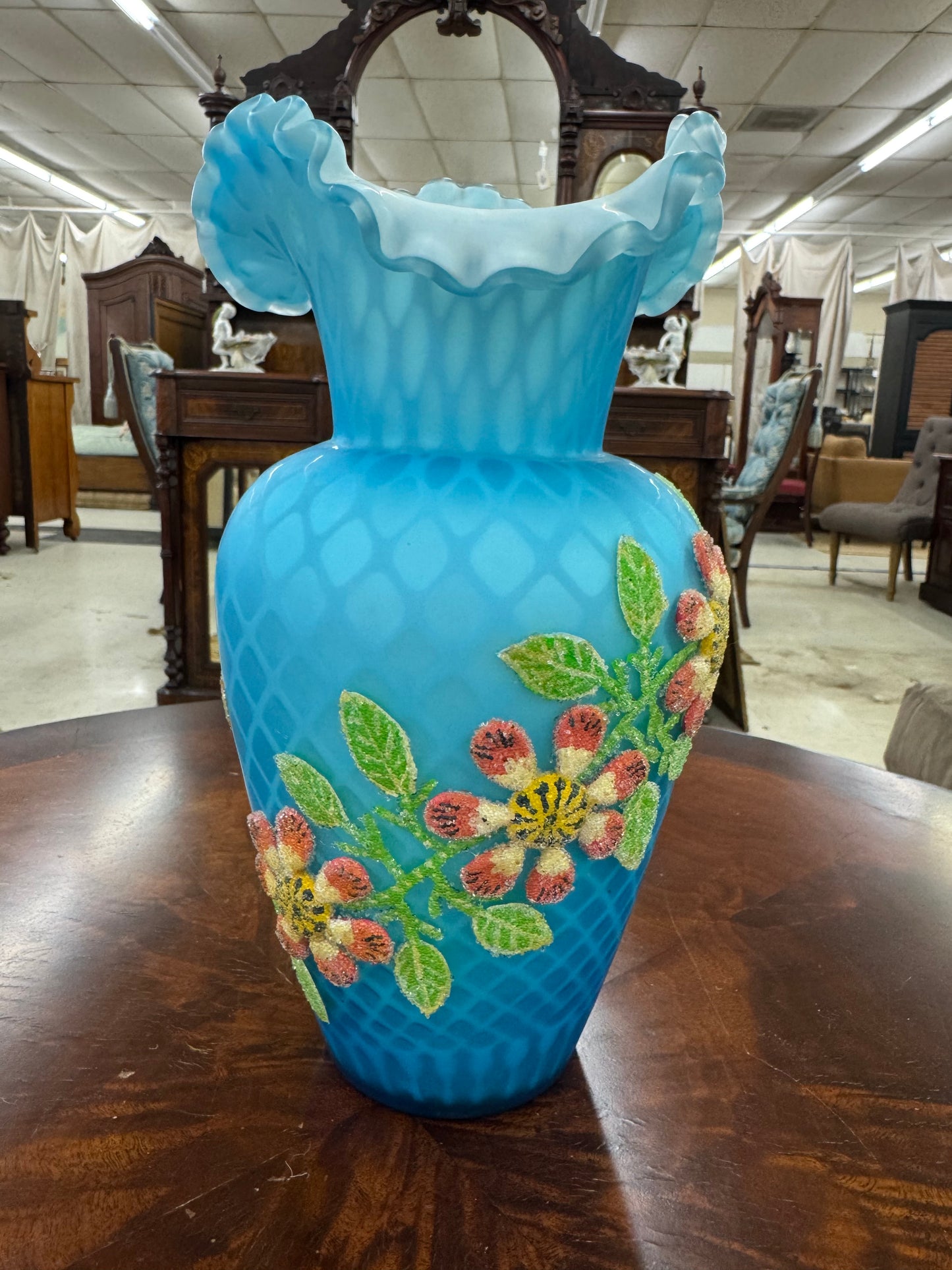 Victorian Blue Satin Glass Beaded Enamel Vase
