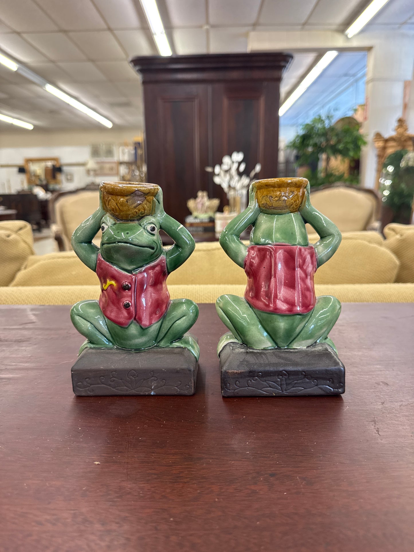 Pair of Majolica Style Frog Candle Sticks