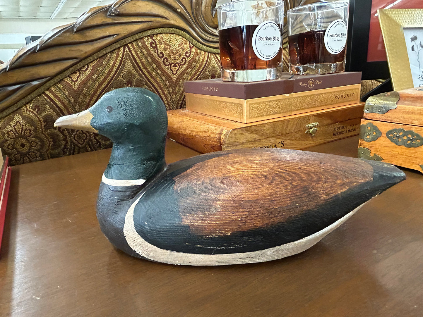 Carved wooden mallard duck