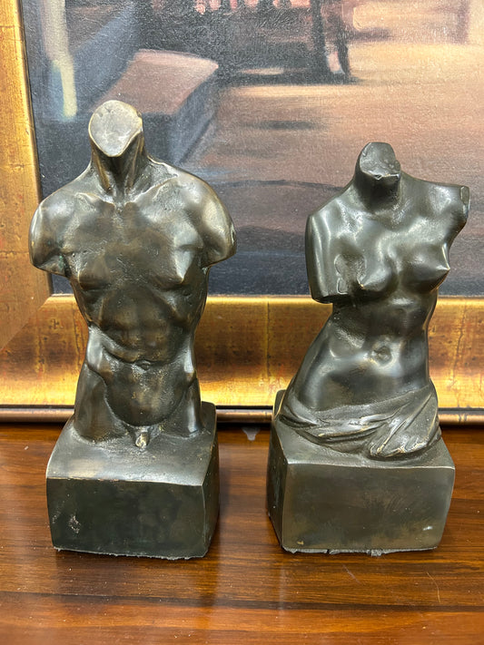 Vintage Bronze-Style Male & Female Torso Sculptures (Pair)