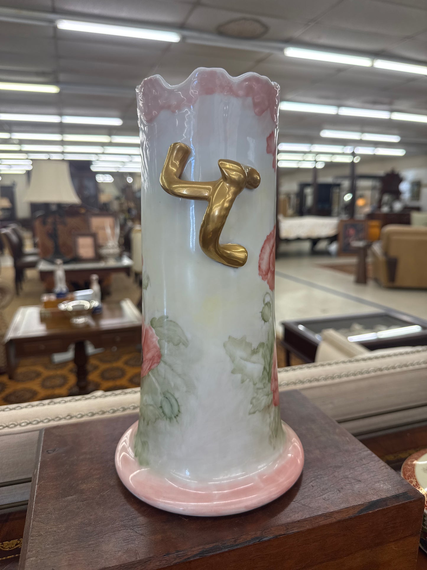 Antique-Style Hand-Painted Porcelain Poppy Vase with Gilt Handles