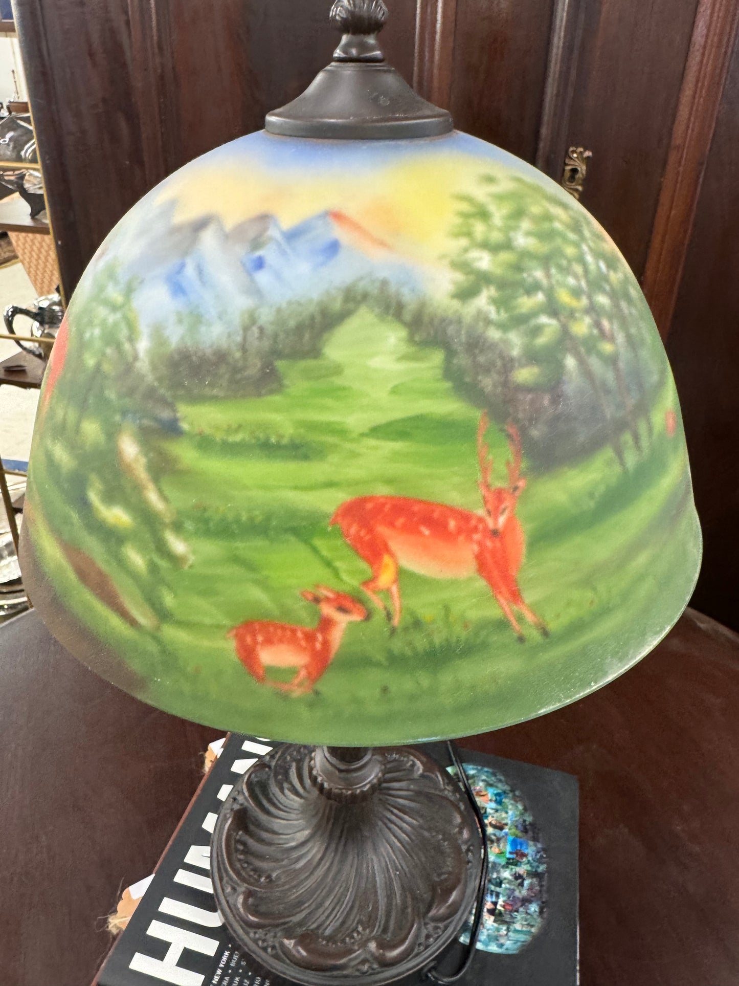 Vintage Scenic Painted Glass Table Lamp