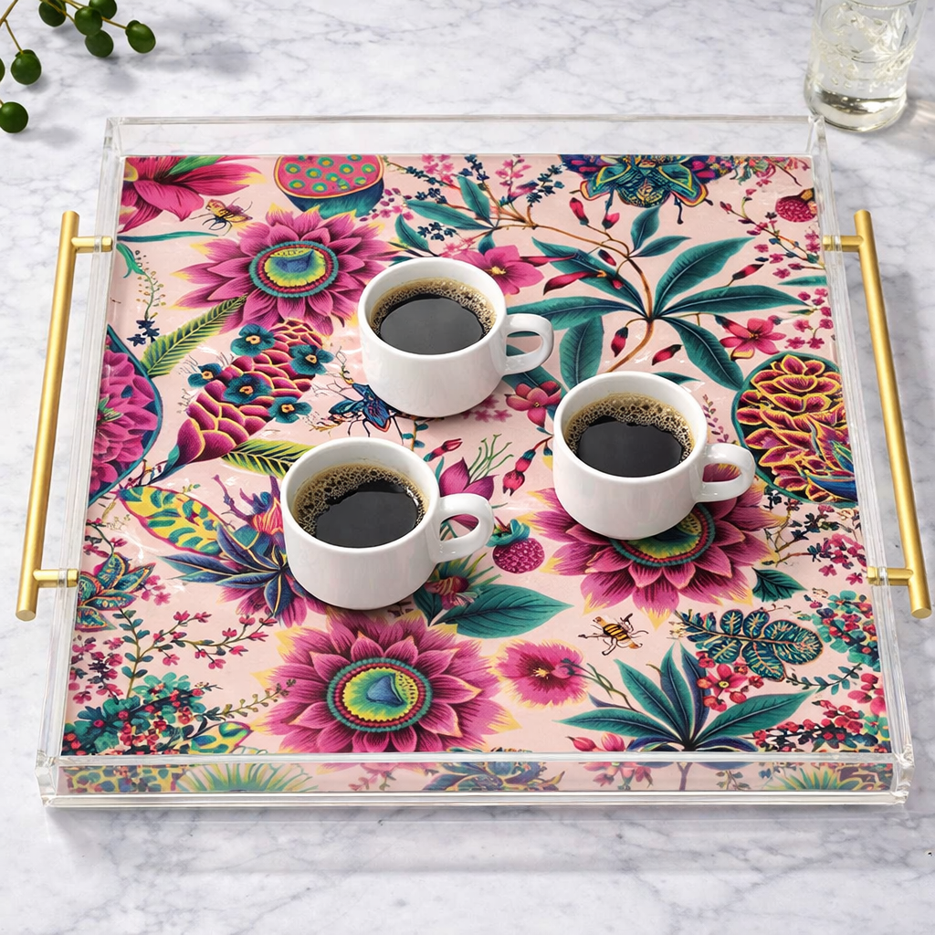 Pink Floral Decorative Acrylic  Tray 9X9