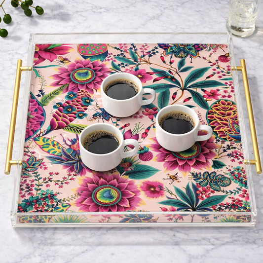 Pink Floral Decorative Acrylic  Tray 9X9