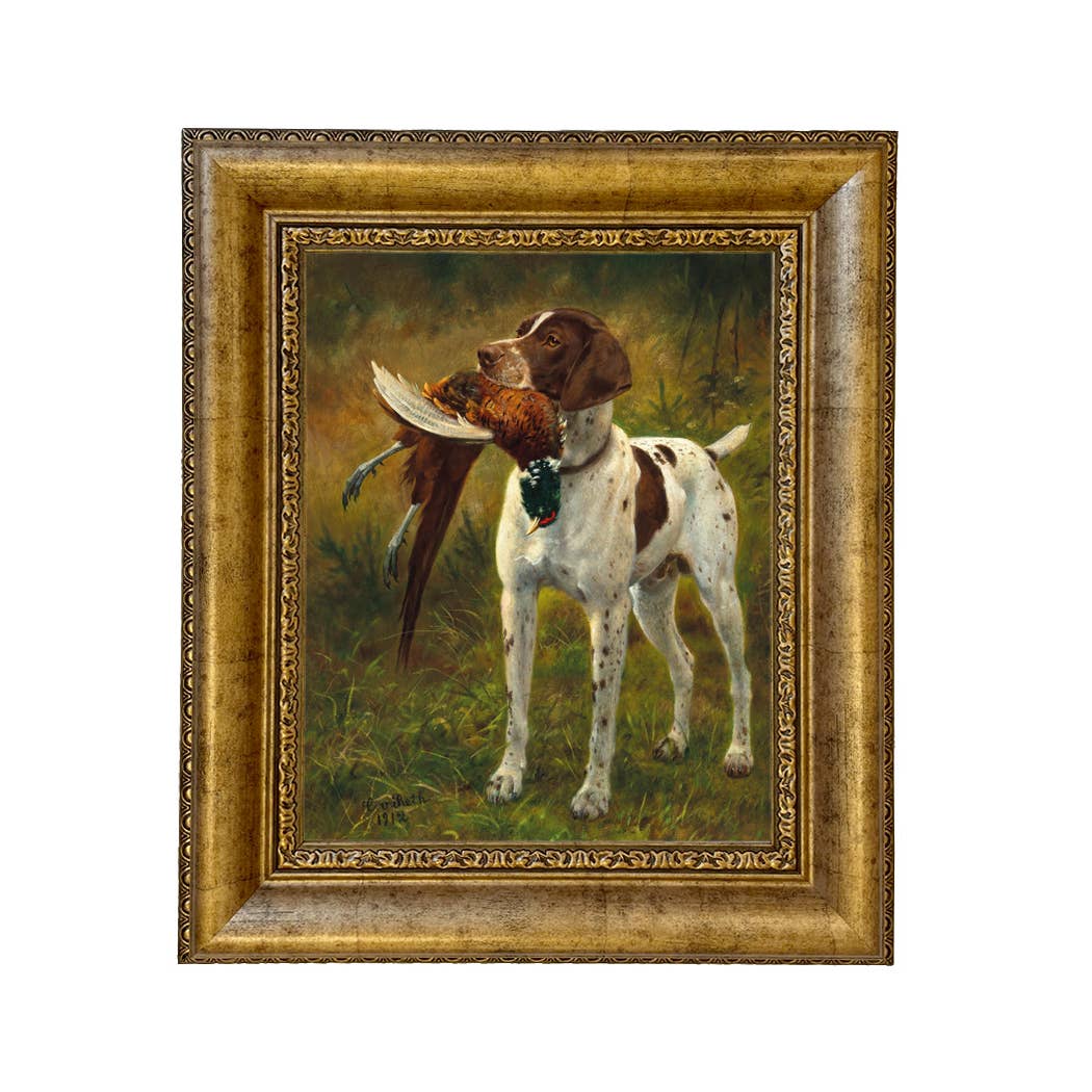English Pointer with Pheasant Painted Vintage Canvas Print