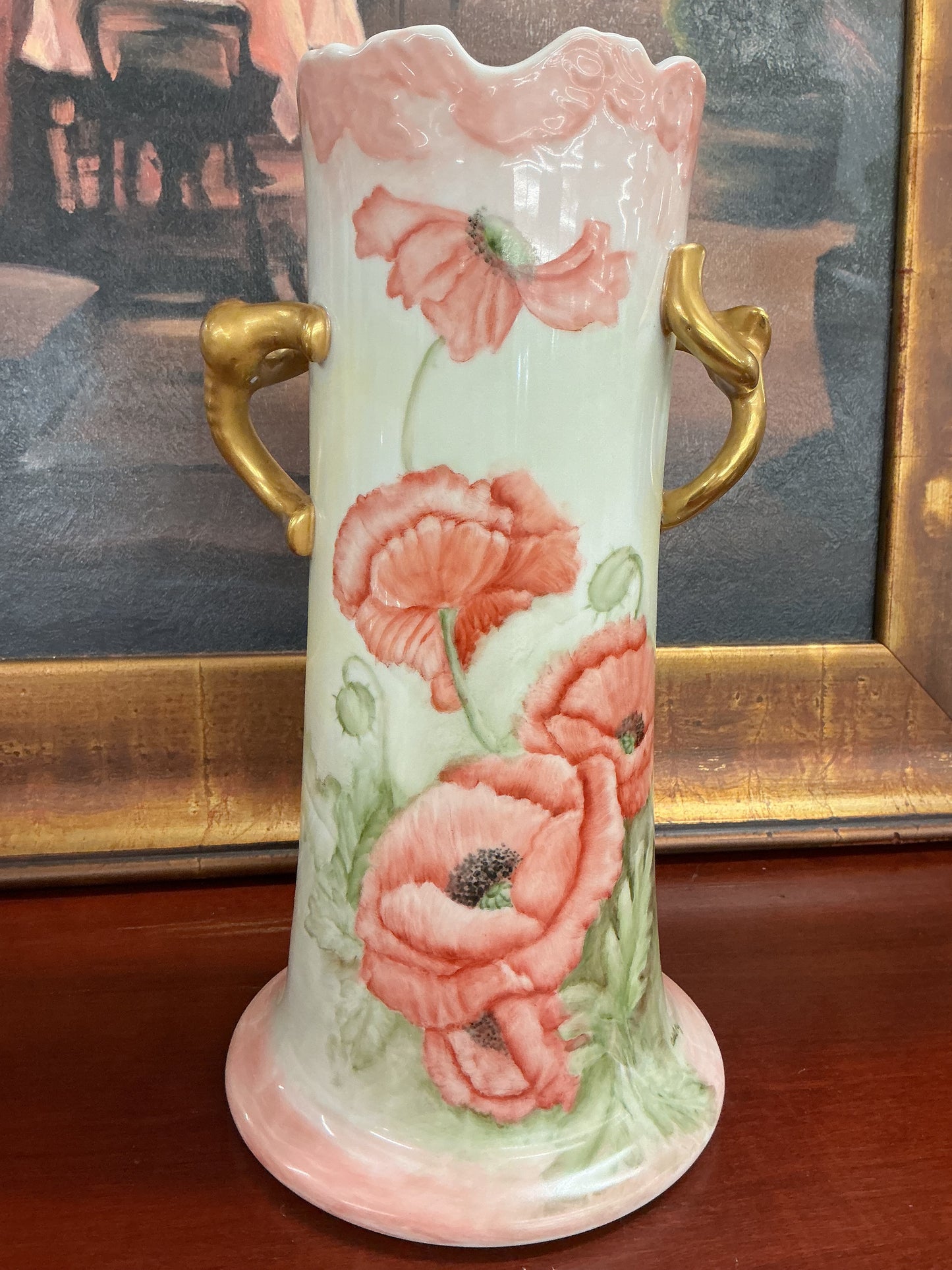 Antique-Style Hand-Painted Porcelain Poppy Vase with Gilt Handles