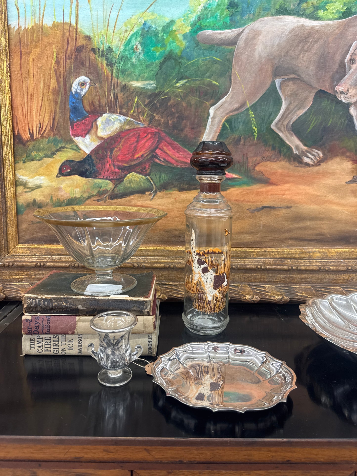 Vintage Dog and Pheasant Hunting Scene Glass Decanter