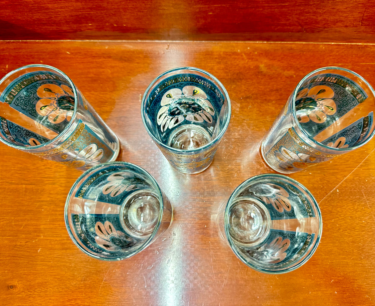 Vintage Teal & Gold Highball Glasses Set of 5
