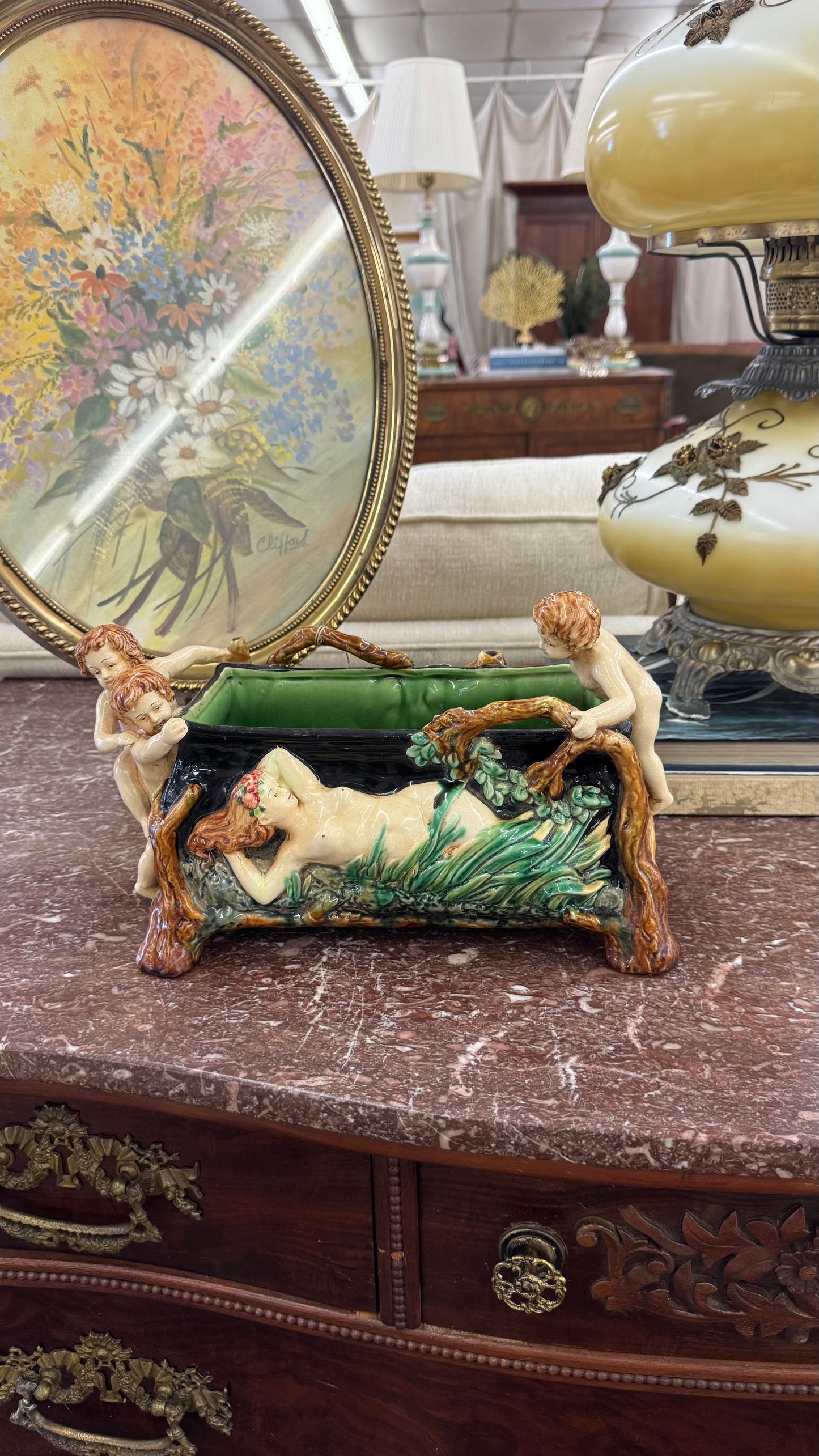 Art Nouveau Figural Majolica Planter / Cachepot