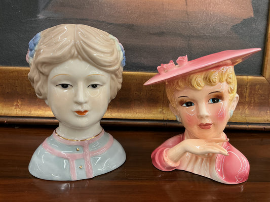 Sweet vintage ceramic lady head planters with all the mid-century charm.