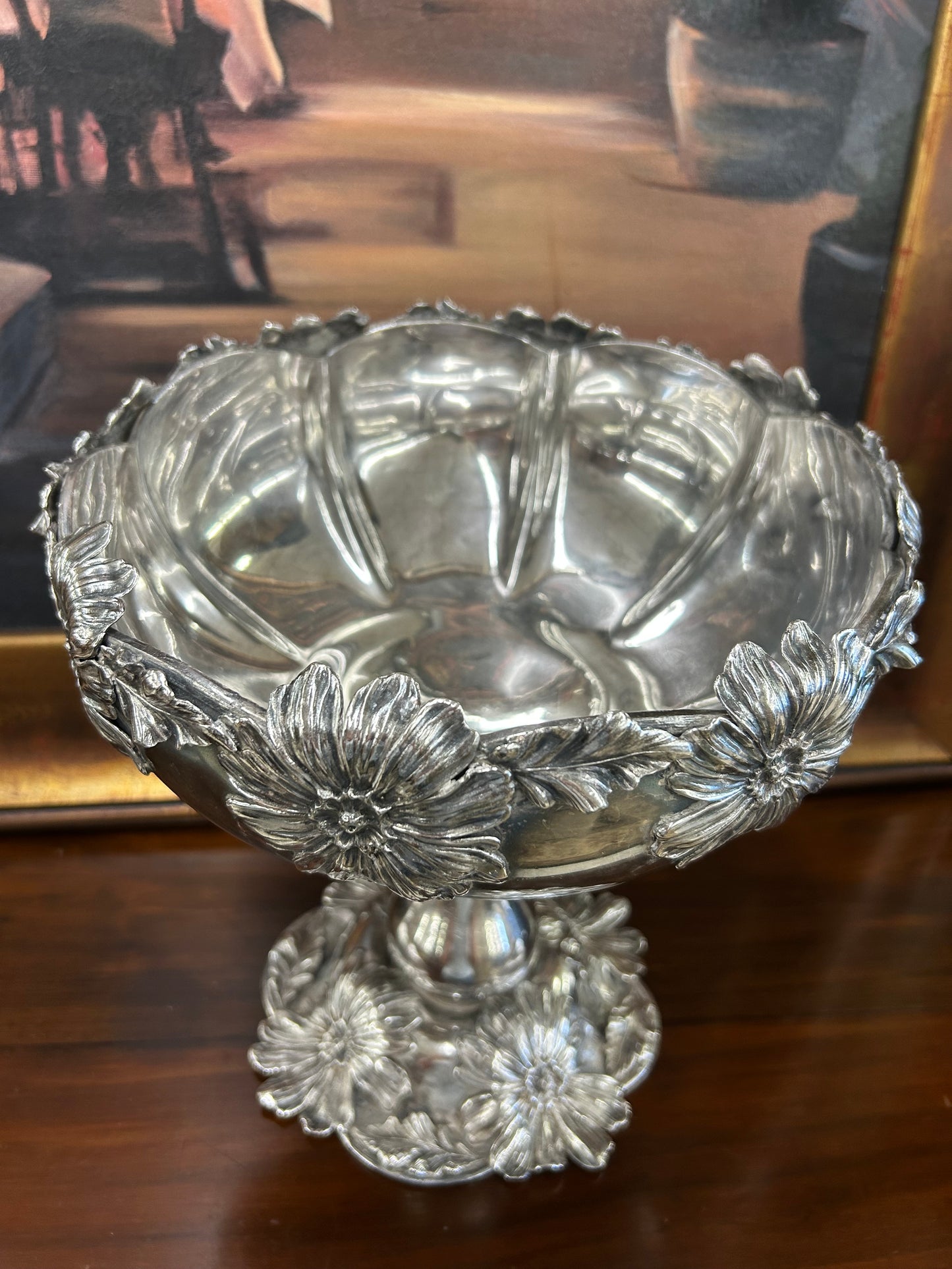Vintage Silverplate Floral Pedestal Bowl
