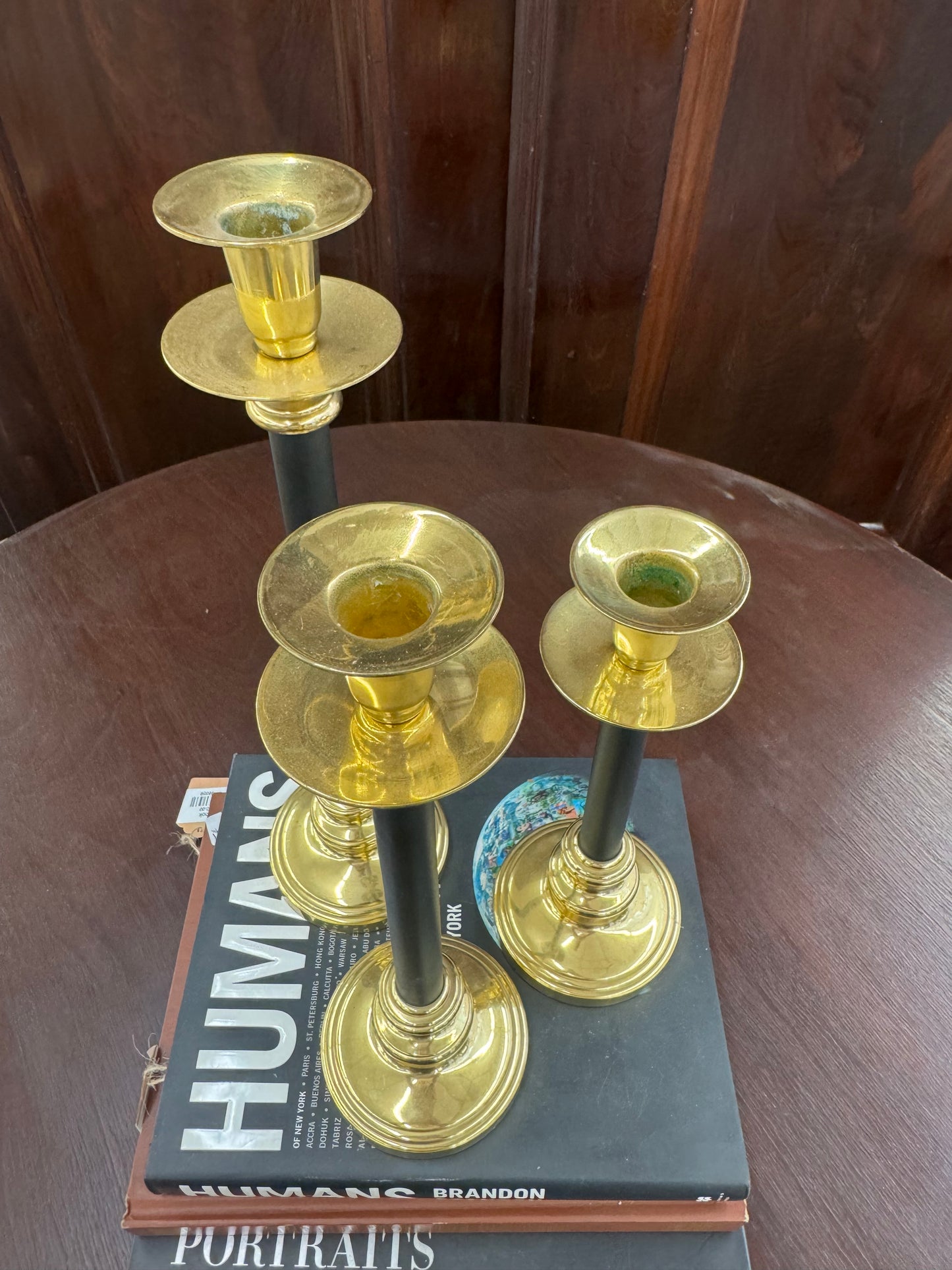 Set of Three Brass & Black Candlesticks