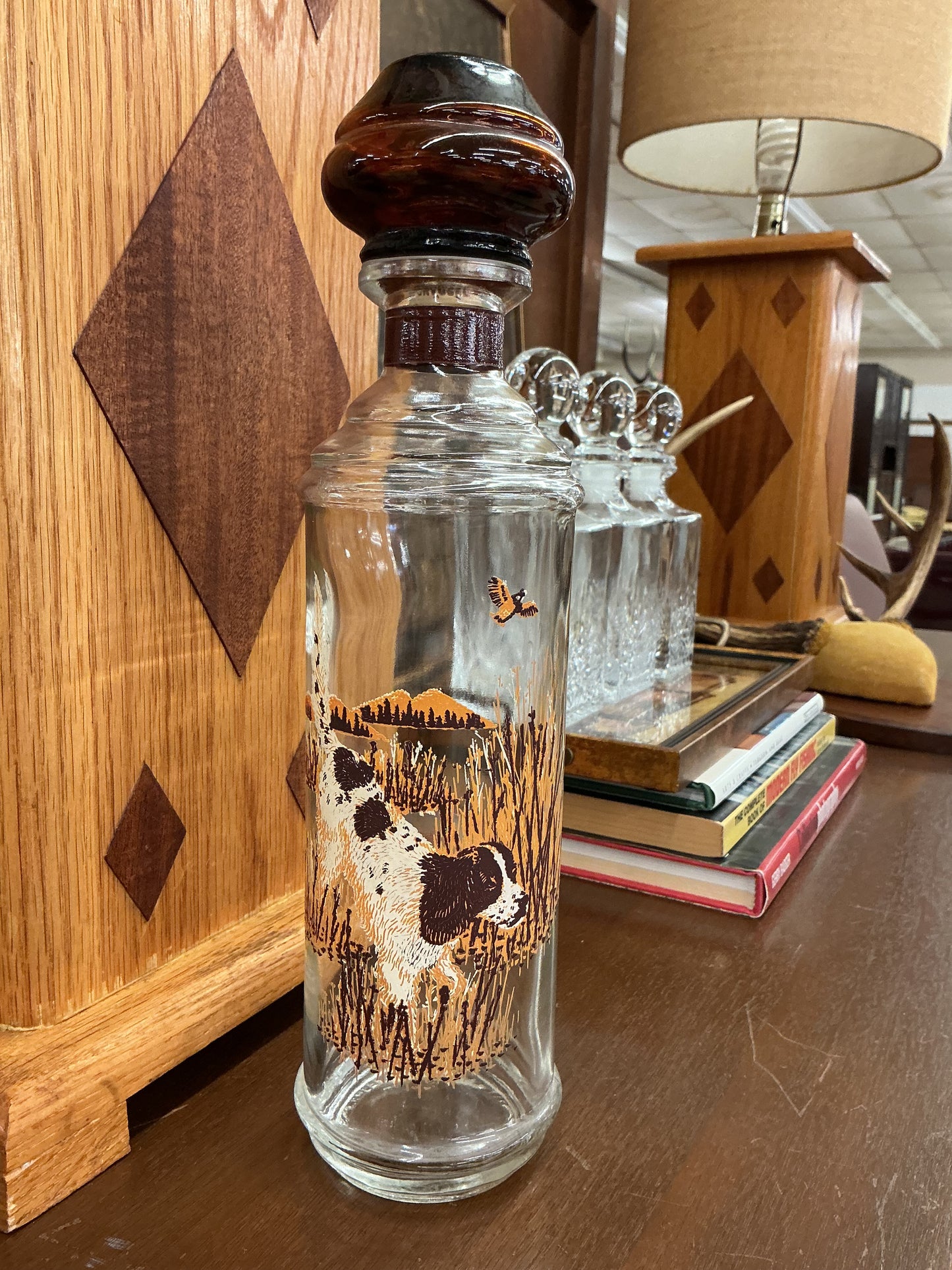 Vintage Dog and Pheasant Hunting Scene Glass Decanter