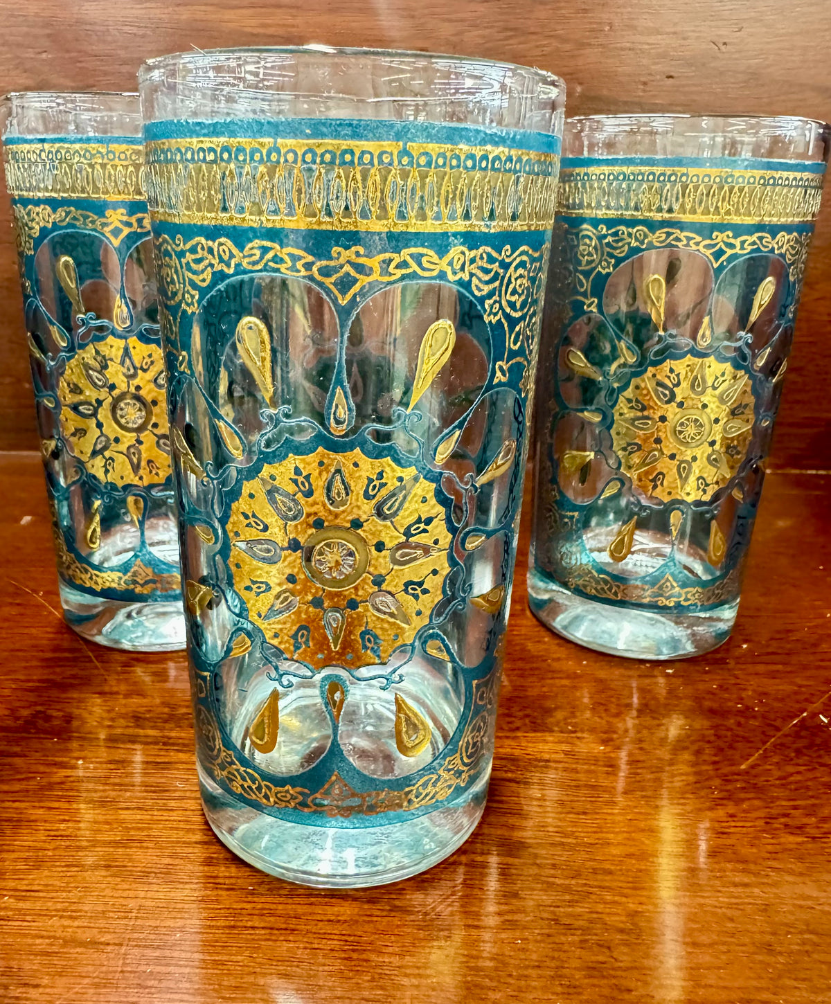 Vintage Teal & Gold Highball Glasses Set of 5