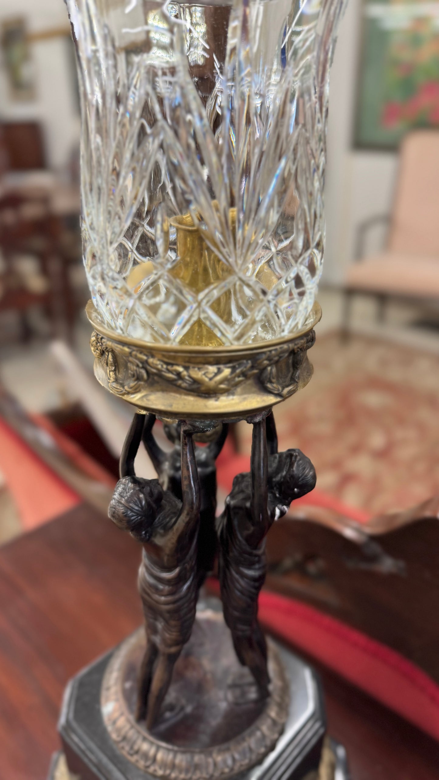 Pair Of Empire Style Figural Candle Hurricane Lamps