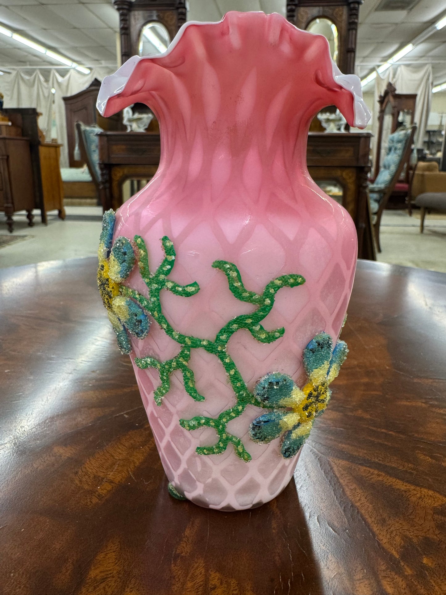 Victorian Pink Satin Glass Beaded Enamel Vase