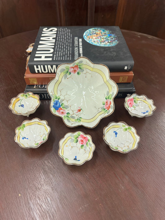 Vintage Hand-Painted Nippon Footed Berry Bowl Set (6 Pieces)