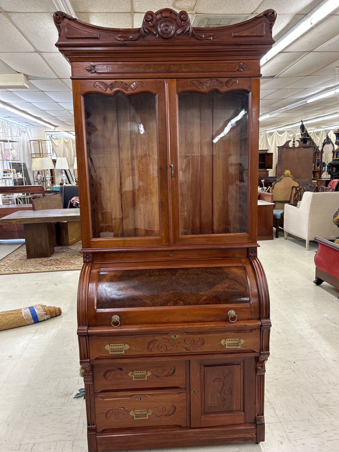 Victorian Walnut & Burl Cylinder Secretary Desk