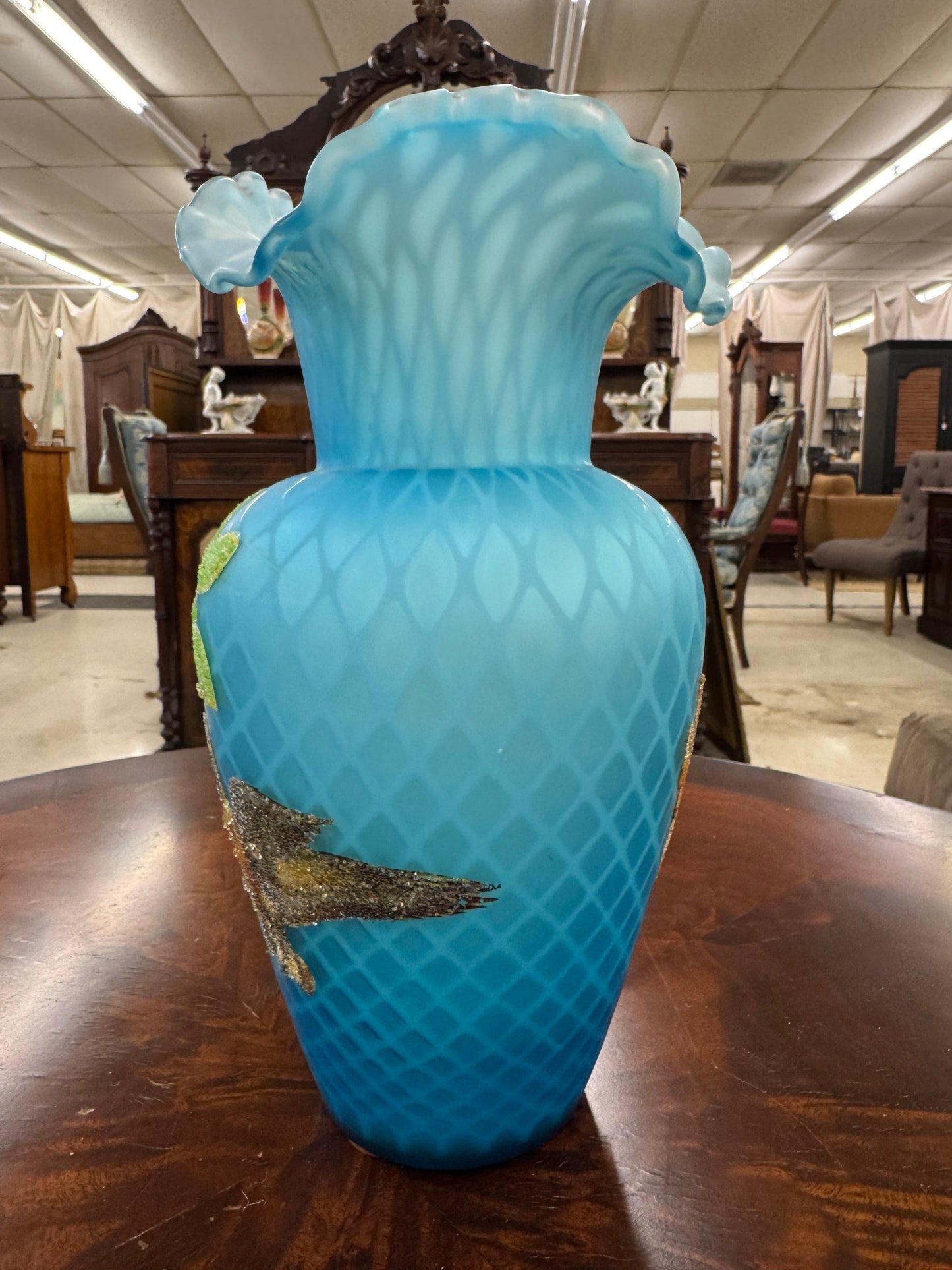 Victorian Blue Satin Glass Beaded Enamel Vase
