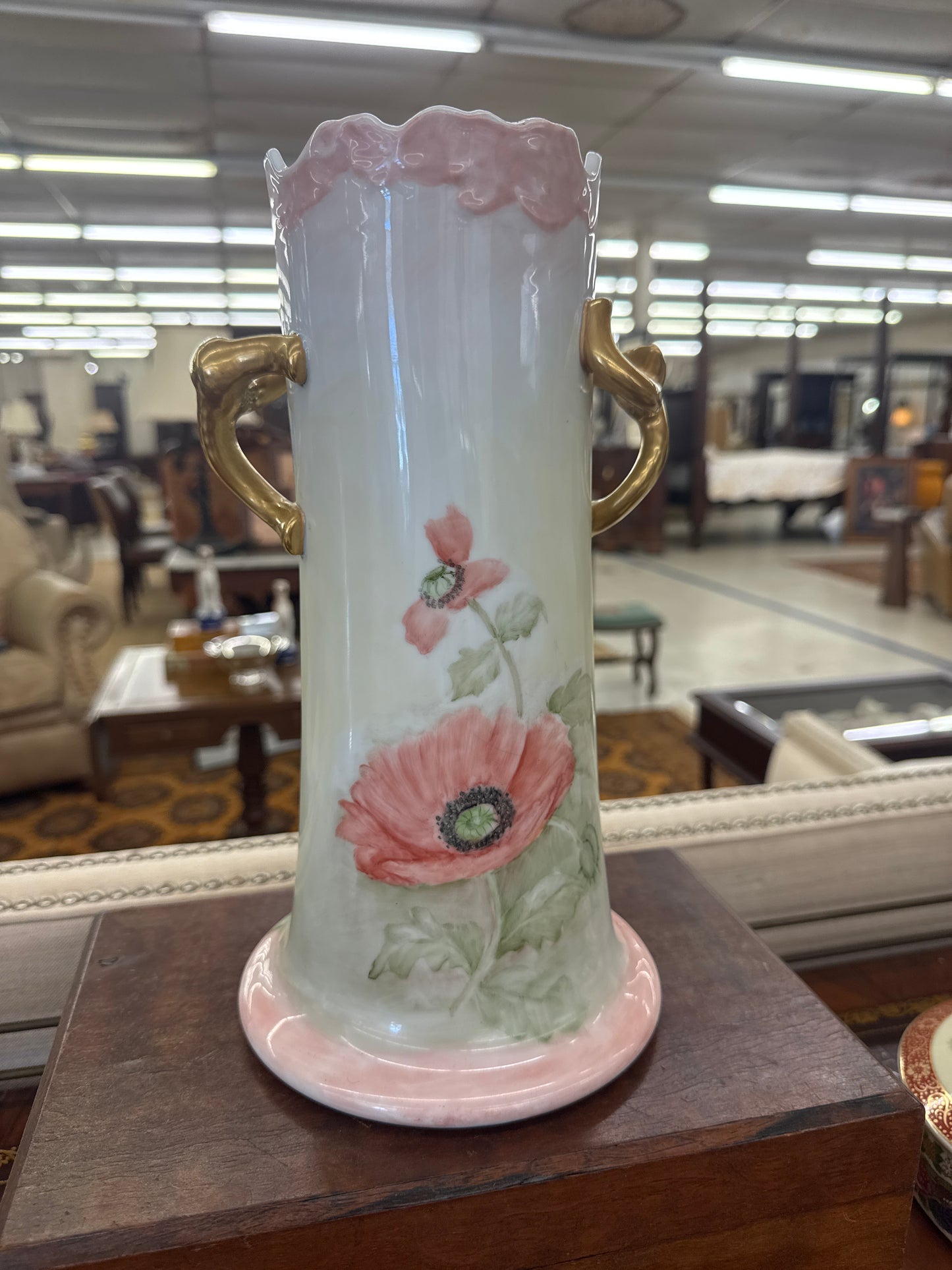 Antique-Style Hand-Painted Porcelain Poppy Vase with Gilt Handles