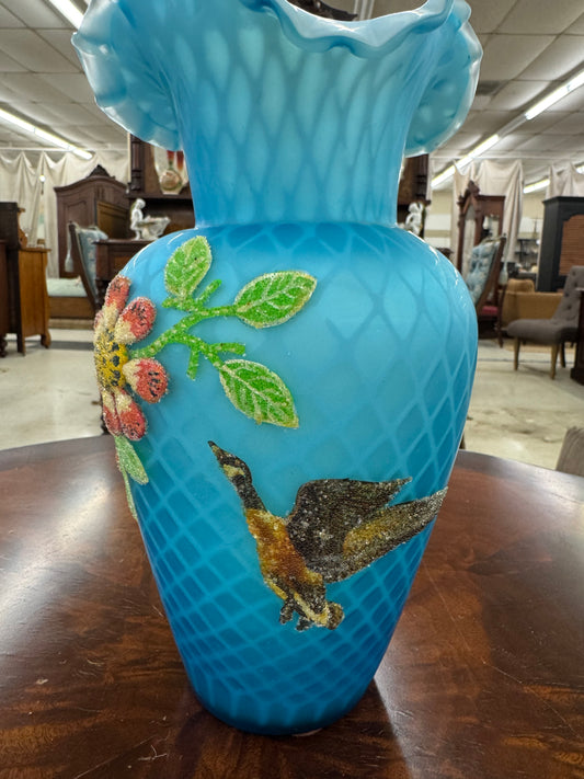 Victorian Blue Satin Glass Beaded Enamel Vase