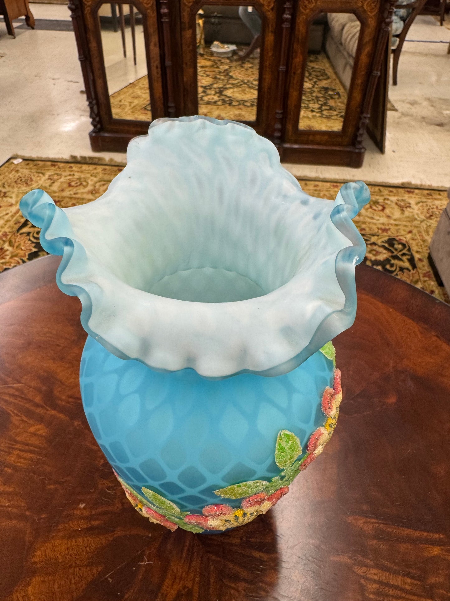 Victorian Blue Satin Glass Beaded Enamel Vase
