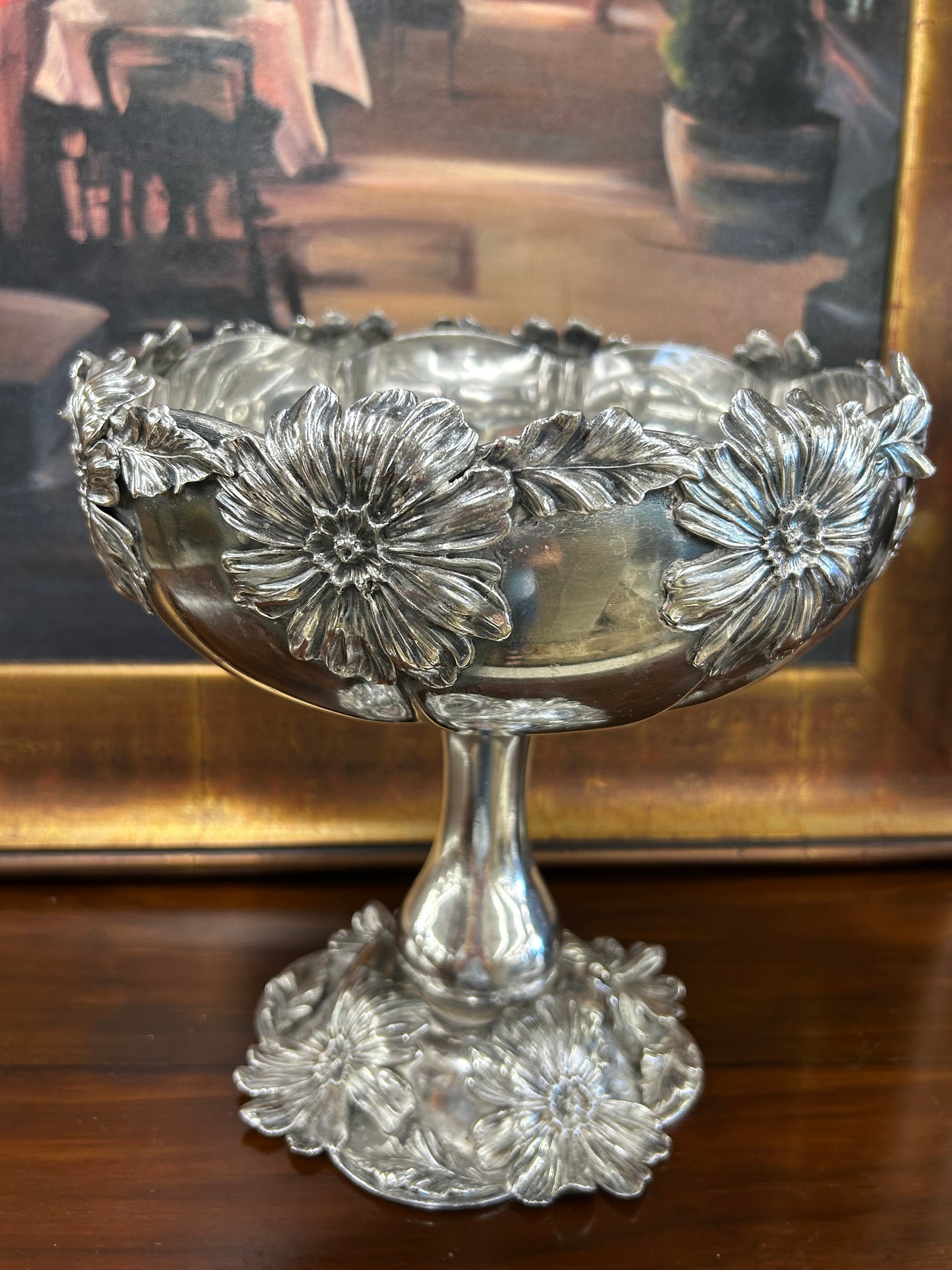 Vintage Silverplate Floral Pedestal Bowl