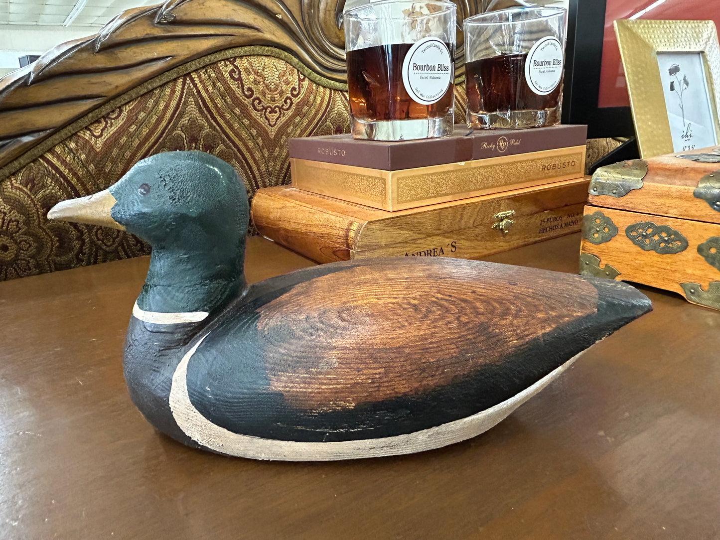 Carved wooden mallard duck