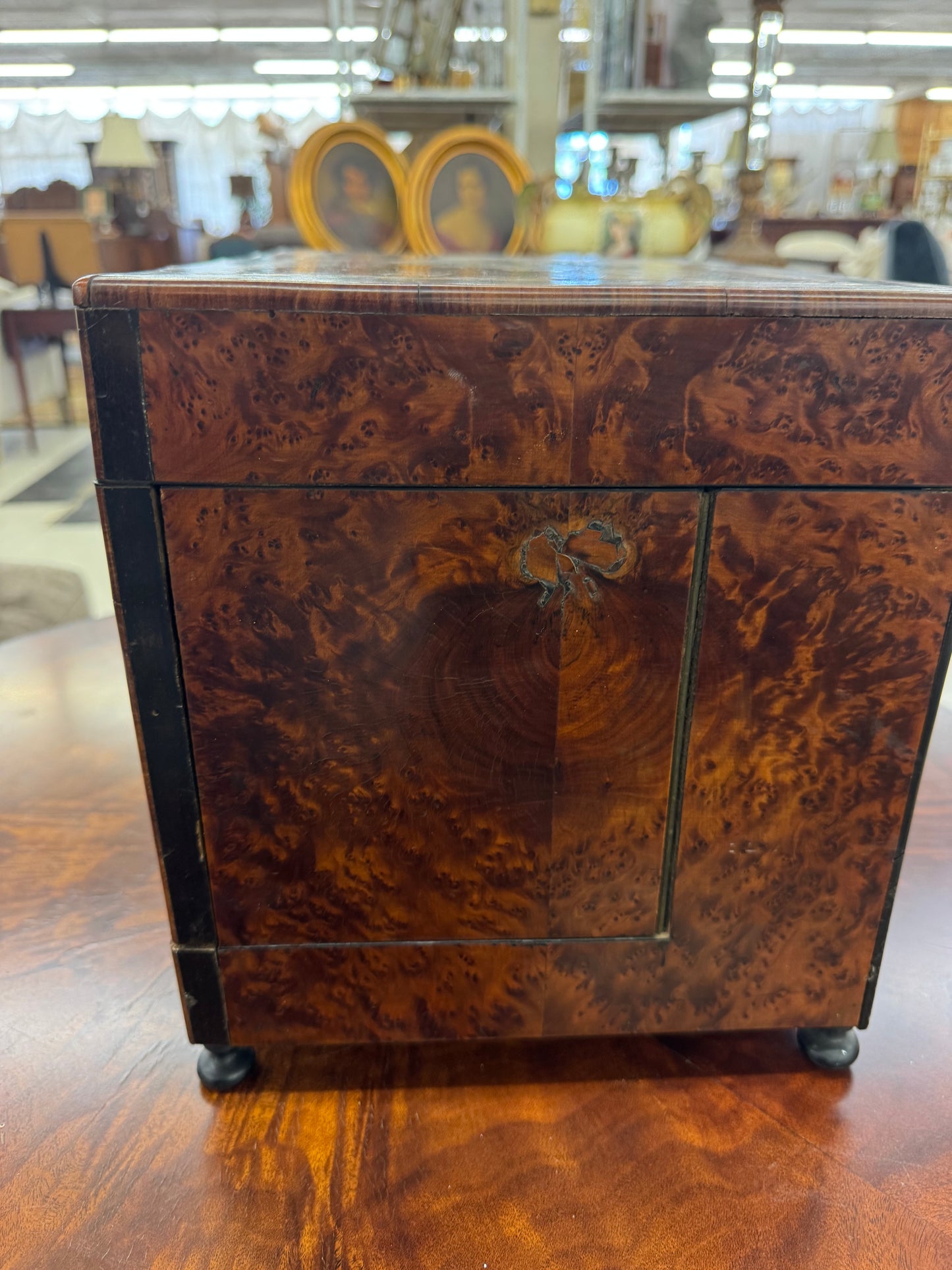 Antique Victorian Burl Walnut Tantalus Decanter Box with Cut Crystal Decanters & Glasses