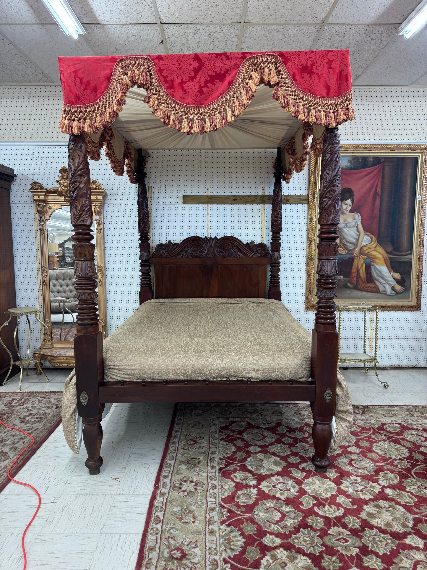 Carved Mahogany Four-Poster Canopy Bed