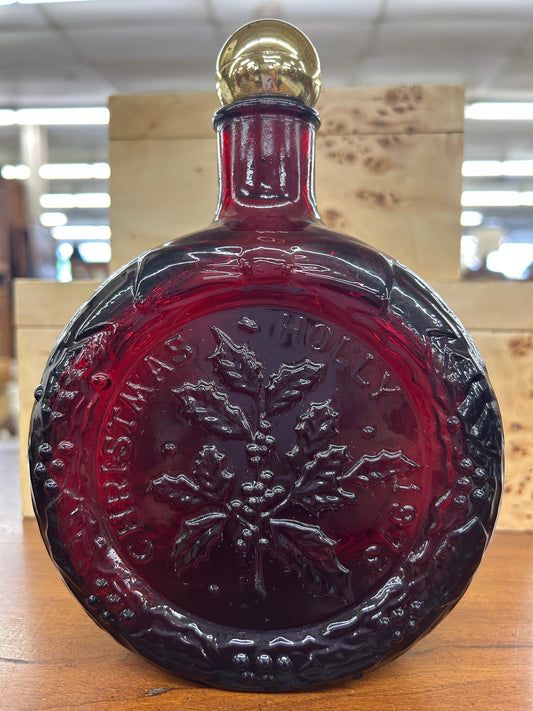 Vintage 1973 ruby red “Christmas Holly” glass decanter