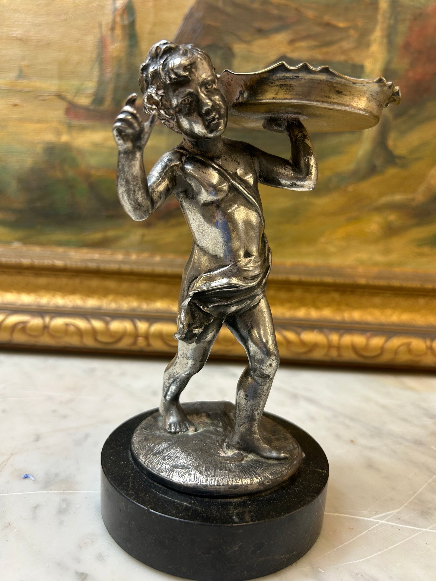 Vintage silvered cherub trinket stand