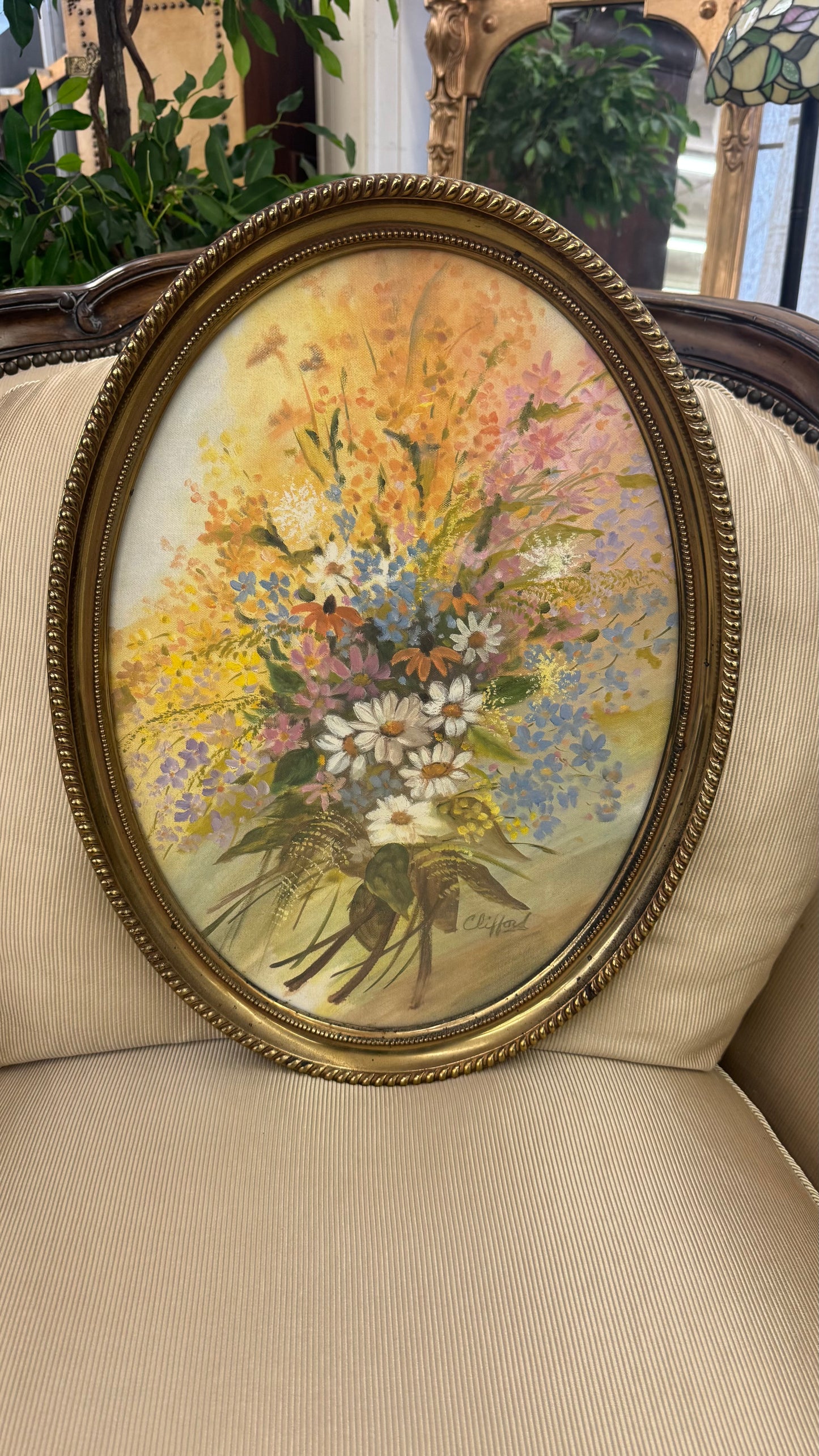 Signed Clifford Floral Still Life in Oval Gilt Frame
