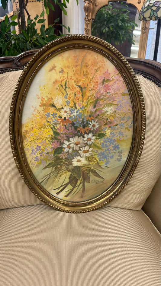 Signed Clifford Floral Still Life in Oval Gilt Frame