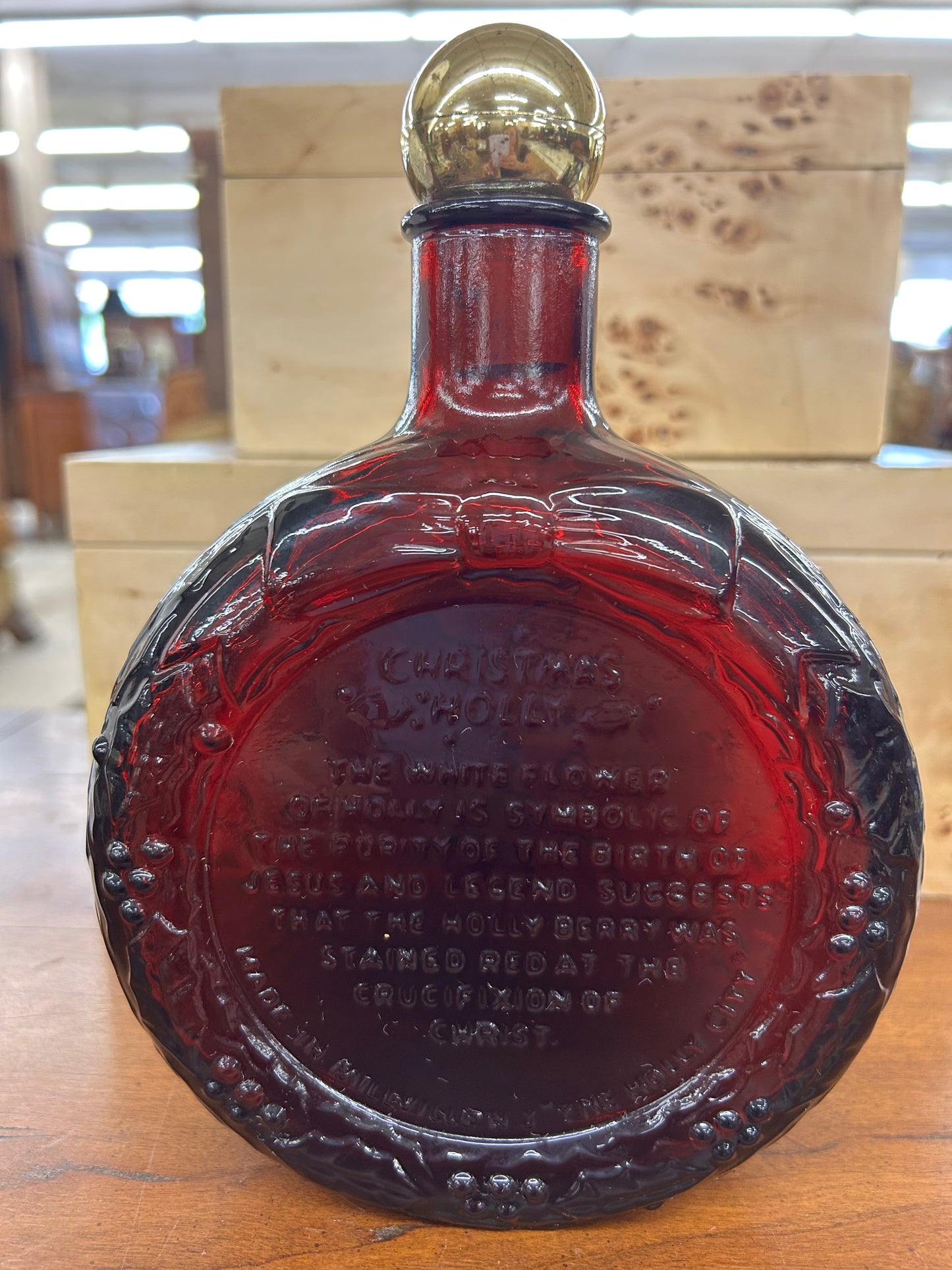 Vintage 1973 ruby red “Christmas Holly” glass decanter