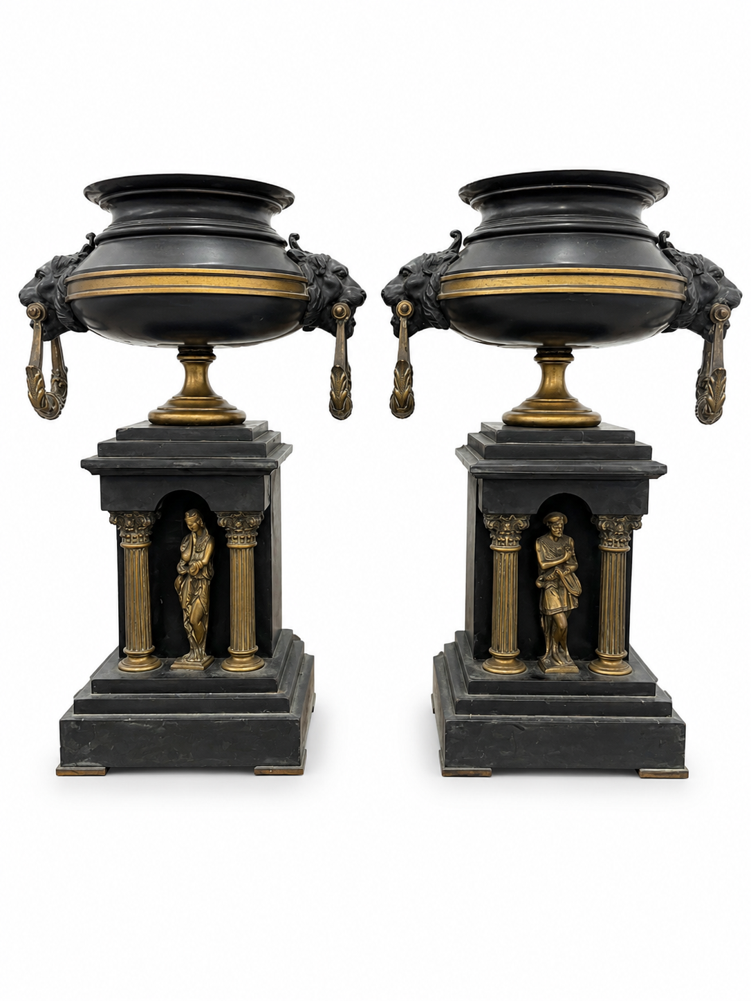 Pair of Grand Tour Neoclassical Bronze Amphora Urns on Marble Pedestals