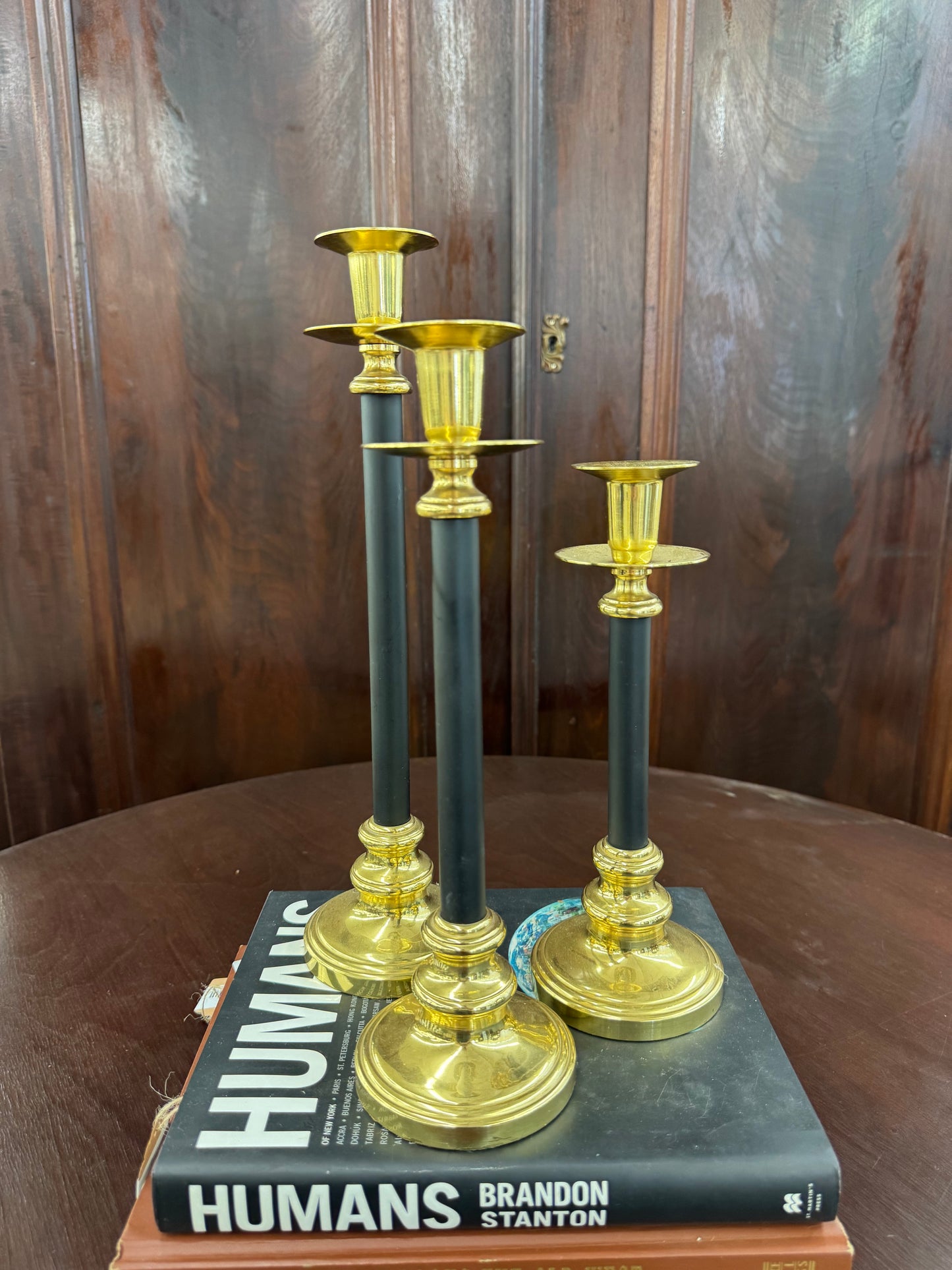 Set of Three Brass & Black Candlesticks