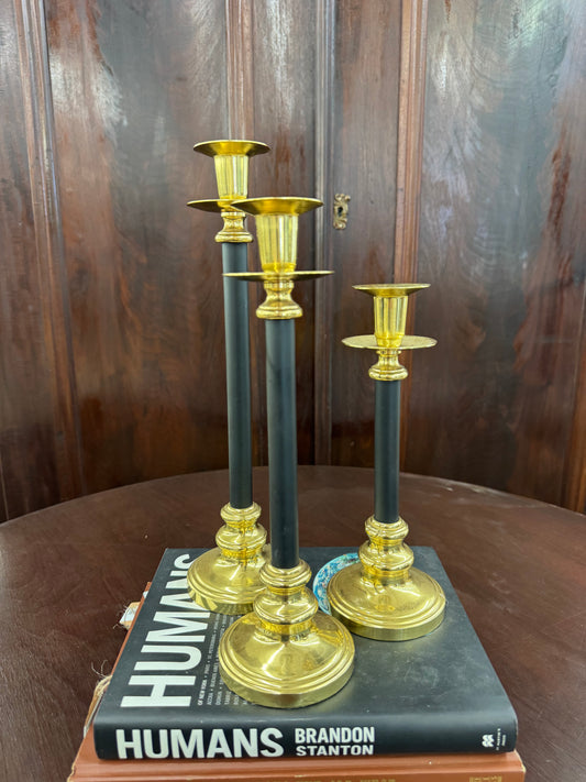 Set of Three Brass & Black Candlesticks
