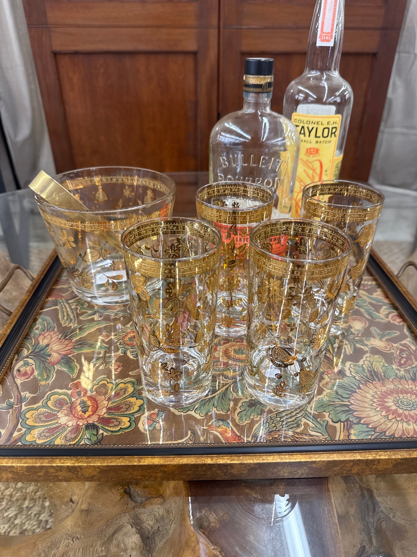 Vintage 5-piece cocktail set including a glass ice bucket