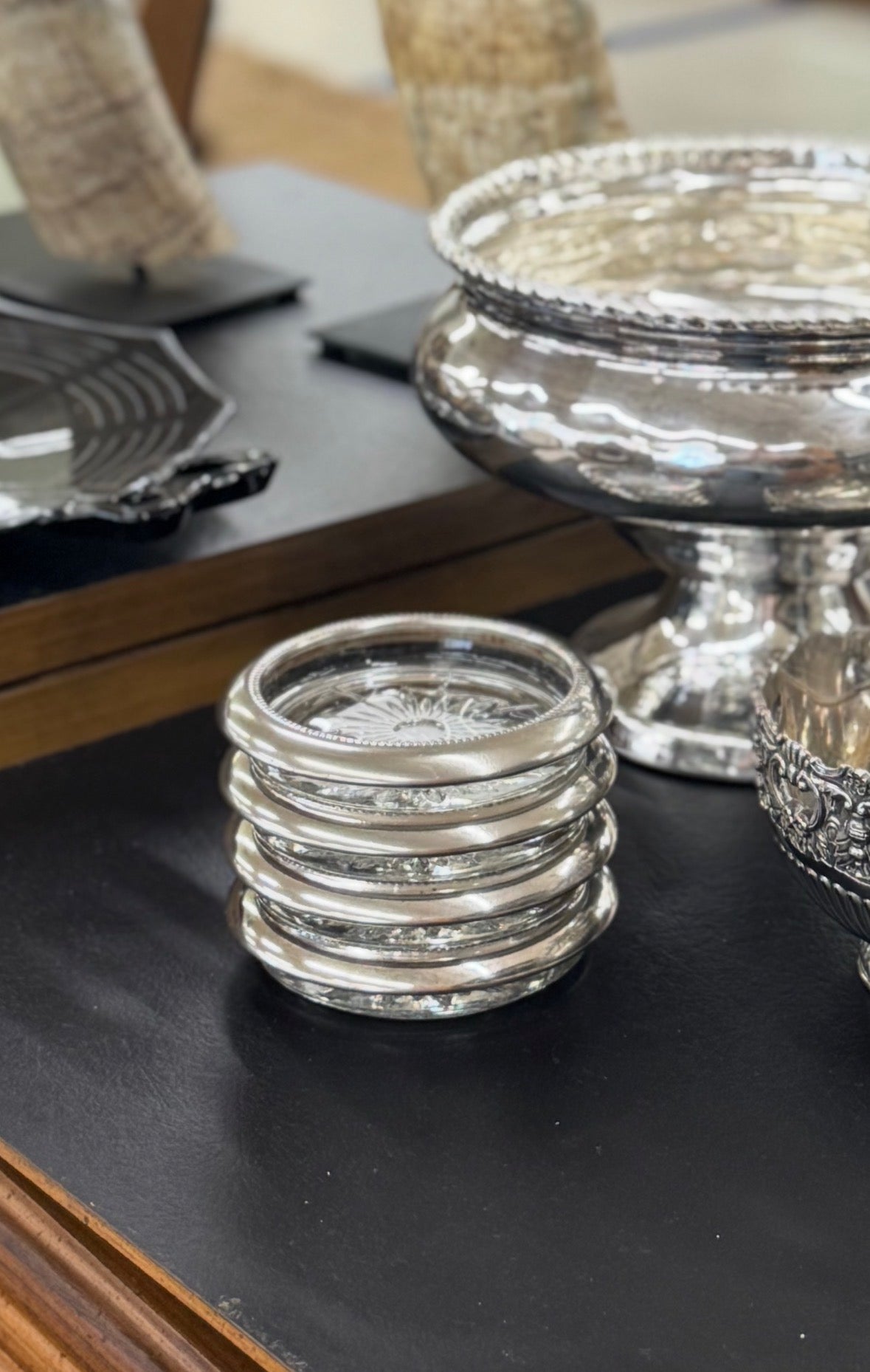 Set of four vintage silverplate and cut glass coasters