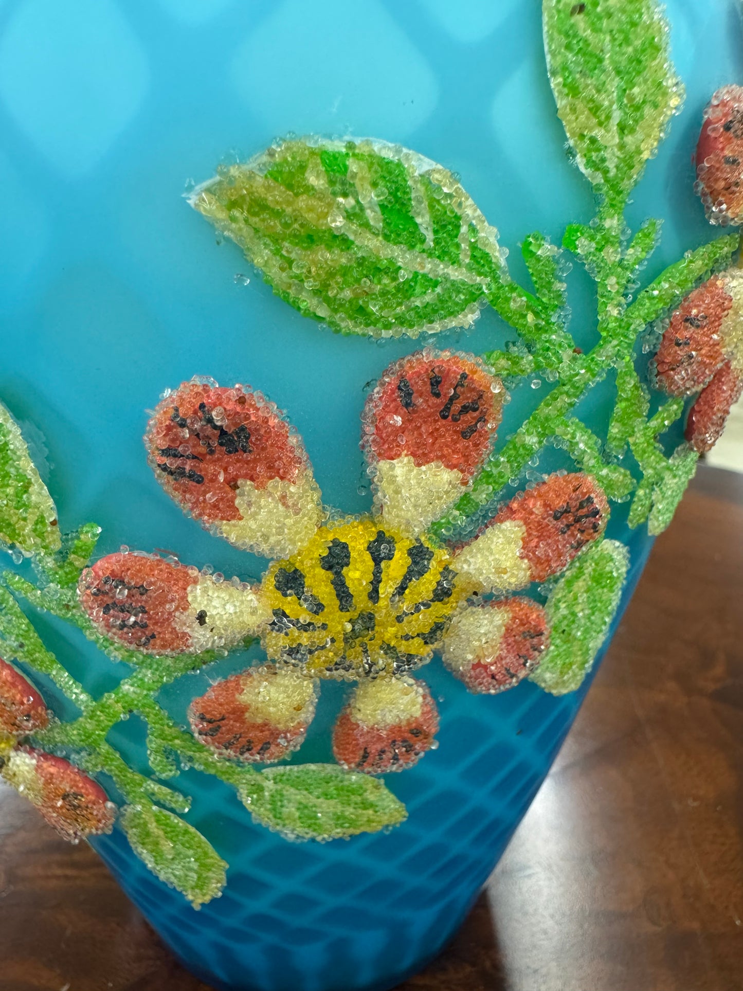 Victorian Blue Satin Glass Beaded Enamel Vase