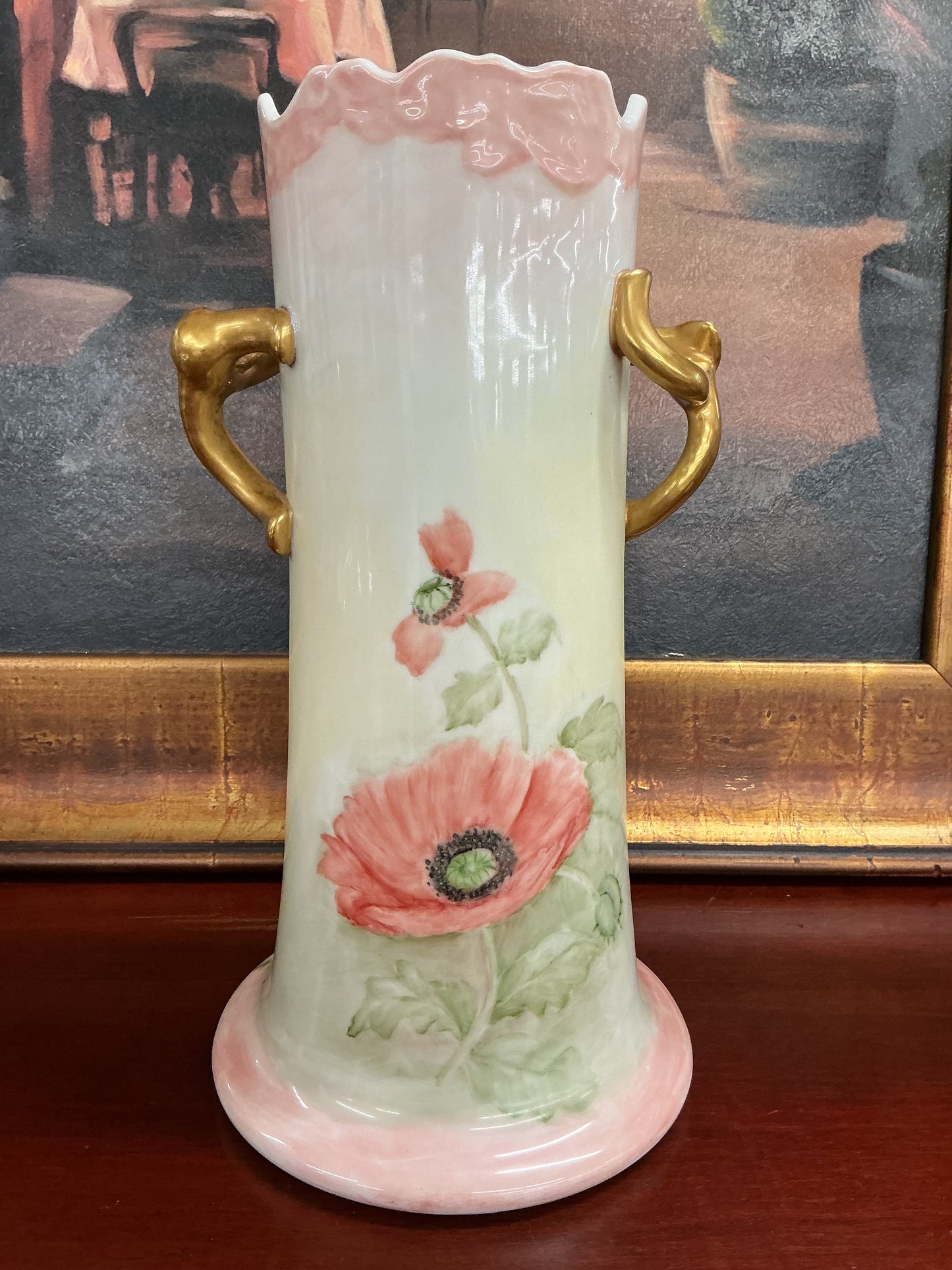 Antique-Style Hand-Painted Porcelain Poppy Vase with Gilt Handles
