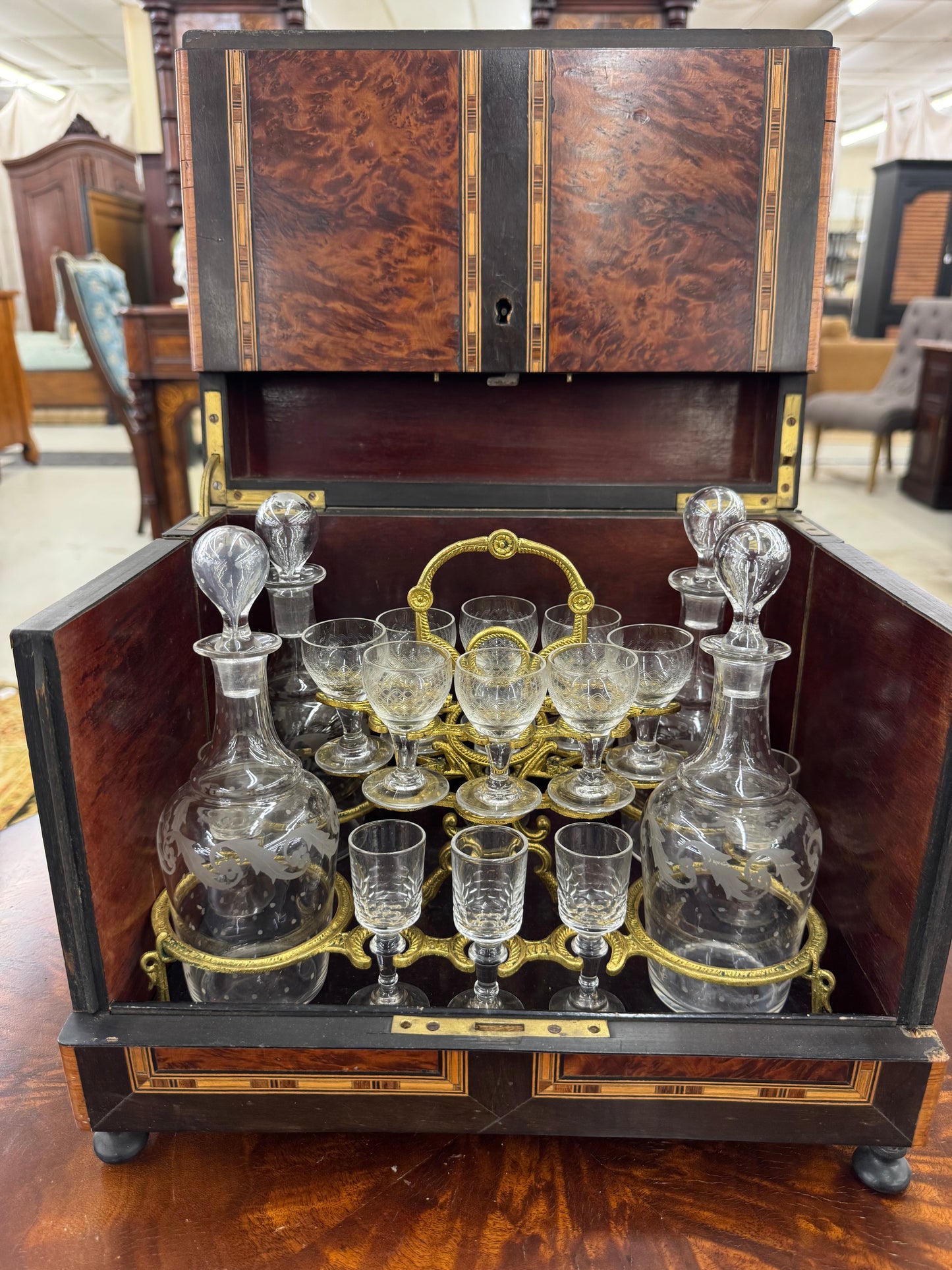 Antique Victorian Burl Walnut Tantalus Decanter Box with Cut Crystal Decanters & Glasses