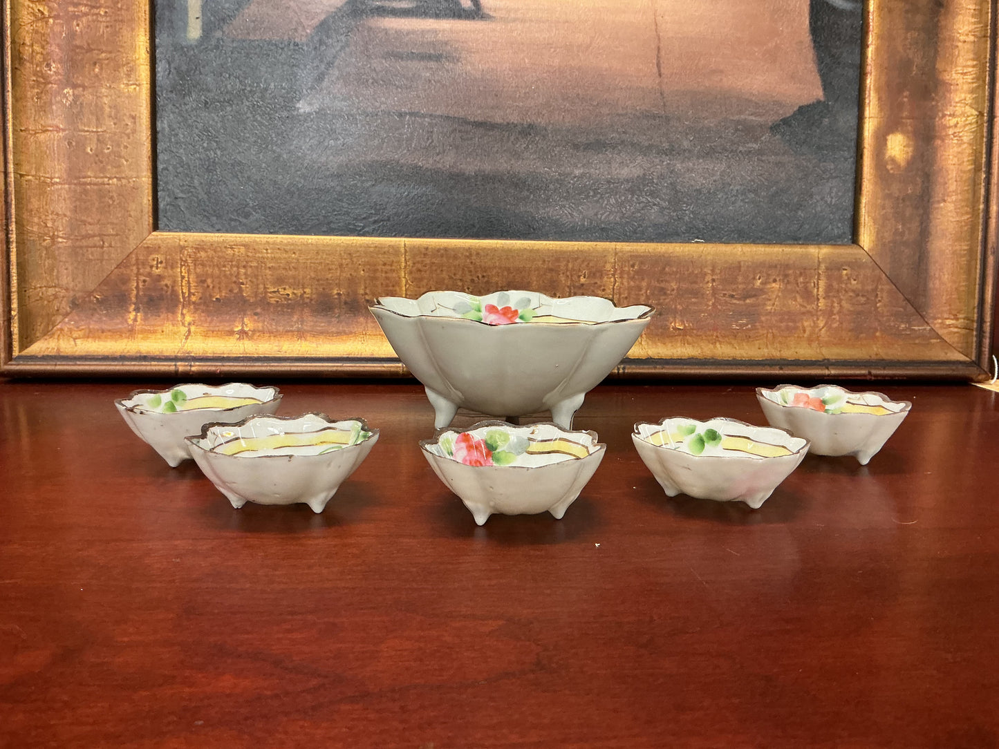 Vintage Hand-Painted Nippon Footed Berry Bowl Set (6 Pieces)