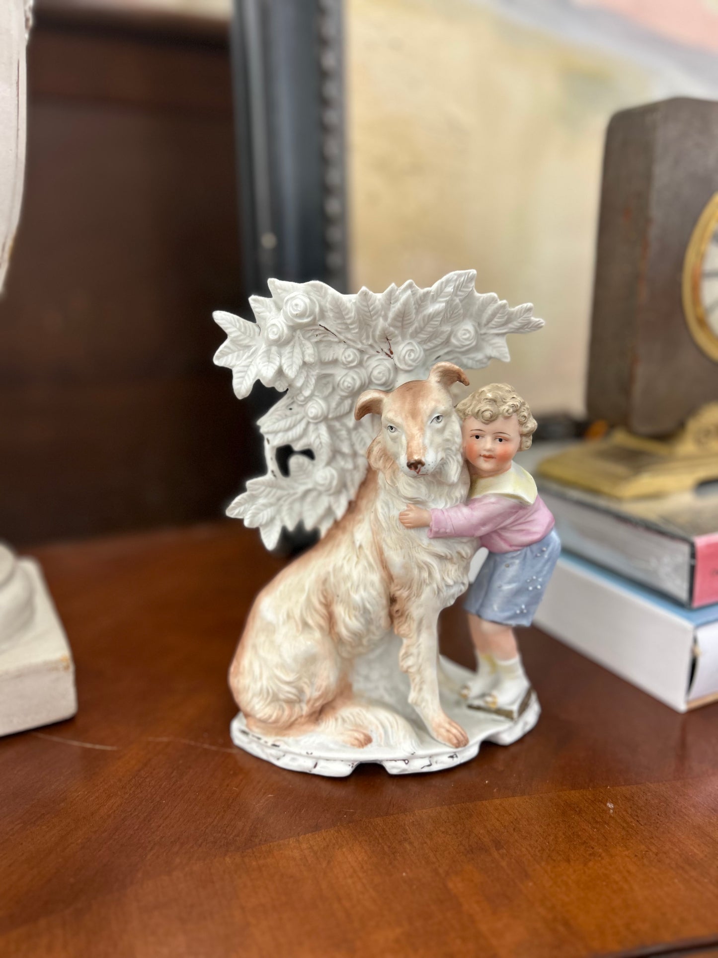 Antique German Bisque Porcelain Child & Dog Spill Vase