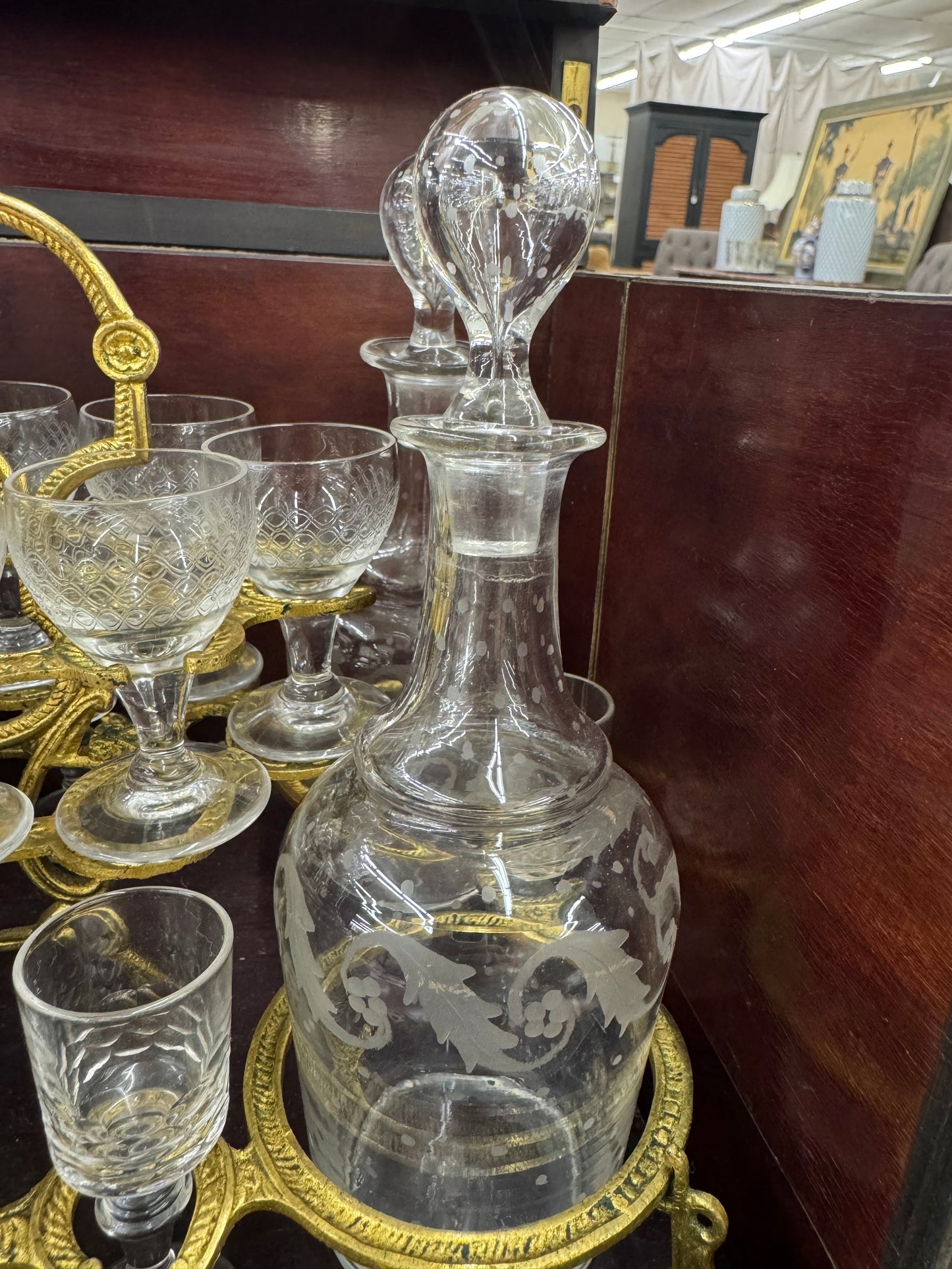 Antique Victorian Burl Walnut Tantalus Decanter Box with Cut Crystal Decanters & Glasses