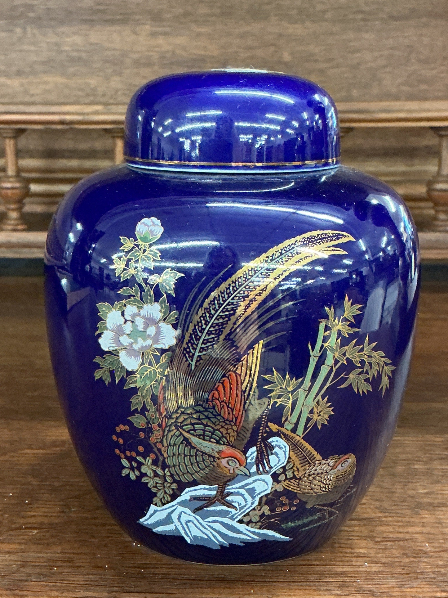 Cobalt Blue Ginger Jar with Hand-Painted Pheasant