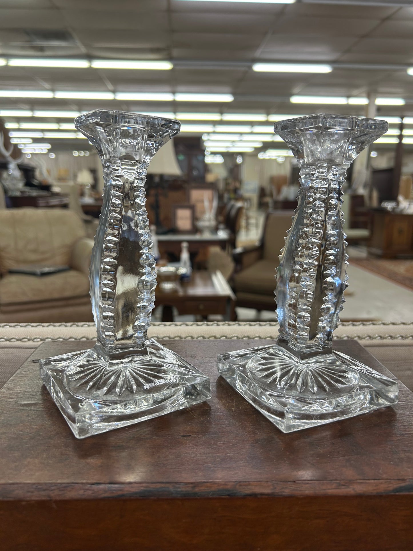 Pair of Vintage Pressed Glass Candlesticks